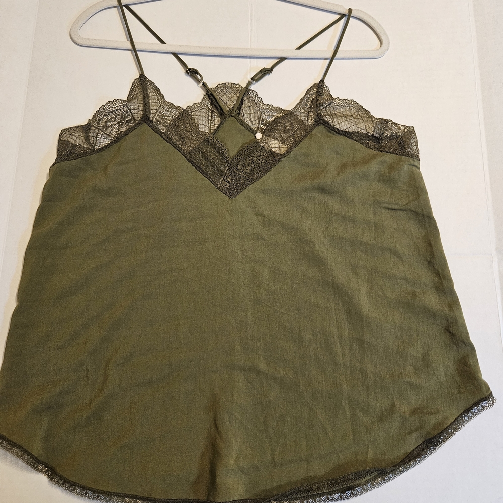 Lace-Trim Olive Green Satin Cami